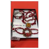 Red Beaded Necklace and 3 Beaded Bracelets, Watch