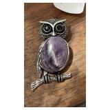 Owl Pendant w/ Purple Stone 2" Long