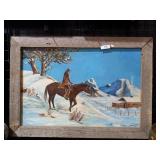 Cowboy on horse in the snow wood framed painting