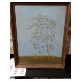 Framed embroidered tree and birds