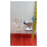 2 Egg Cups- Chickens 1 Glass & 1 Ceramic w/ chip