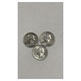 3 Silver Washington Quarters 64d,51,58d