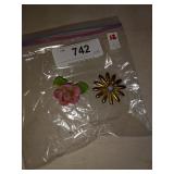 12. 2 brooches- purple flower and metal flower