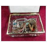 Beveled Glass Jewelry Box w/ Assorted Jewelry