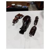 5 Wooden carved animals, hippos and horse