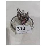 3 Silver Toned Rings Pink Stone sz 6.5 & (2) Blue