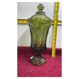 Green Glass Tall Candy Dish Fostoria Tag Coin Dot