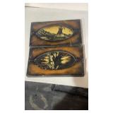 2 Wood Framed Leather Matted Pictures Indian