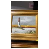 Framed Light House Beach Painting