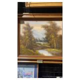 Framed Forest and River Painting