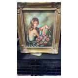 Signed Painting of Woman w/ Flower Basket