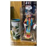 Asian Doll in display case and Asian stamped Vase