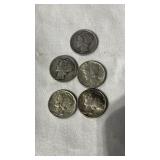 5 Mercury Silver Dimes 1924P, 1926P, 1938P, 1937P,