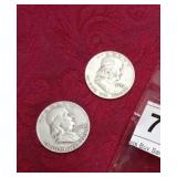 2 Silver  Ben Franklin Half Dollars 1952 D, 1953 D