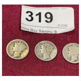 3 Mercury Silver Dimes - 1941 D, 1926 S, 1916 S