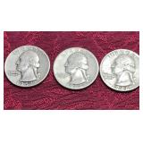 Three Washington Silver Quarters - 1946P, 1948P,