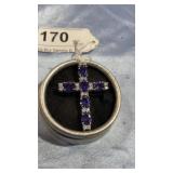 Sterling Cross and Blue Stone Pendant 1 3/4" Long