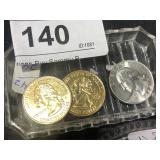 3 Washington Quarters Silver 1964 & 2 Gold Dipped