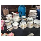 Large Lot of Enamel Ware Cups, Pitcher Teapots