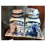 2 Delft Condiment Jars w/ Tray