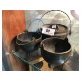 3 Small Cast Iron 3 Leg Pots One w/ Lid