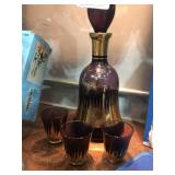 Purple Glass Decanter w/ Gold Picture & 3 Glasses