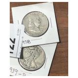 2 Silver Half Dollars -1939 Walking Liberty, &