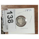 Rare 1892 Barber Dime .9 Silver