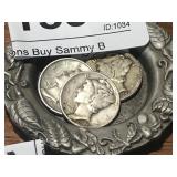 3 Mercury Silver Dimes - 1941, 1942, 1945