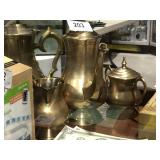 Brass Colored Coffee Pot, Sugar & Creamer