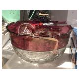 Indiana Ruby Ruby Banded Punch Bowl w/ Cups