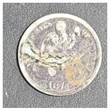Vintage Silver 1875 Seated Liberty Dime