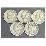 (5) Silver Dimes  - Mercury Silver Dimes -