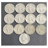 10 Buffalo Nickels, 2 "V" Nickels, 1941