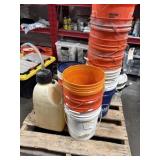 5 gallon buckets and one dump can gas can