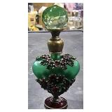 Green Perfume Bottle w/ Flowers   3 1/4" Tall