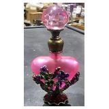 Pink Perfume Bottle w/ Flowers   3 1/4" Tall
