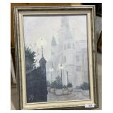 Framed painting, signed, foggy street 23x29