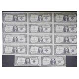 14 Lots 1ea 1957 B Consecutive Crisp $1 Dollar