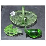 Green glass basket and figurines