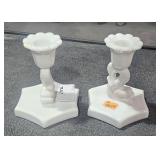 Pair of Milk Glass Candle Sticks w/ Dolphine