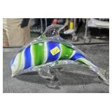 Green Blue Stripes Glass Dolphin 10" Long