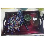 Large Red Laque Tray w/ Glass Drops For Vases,