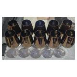 10 Clear Stem Gold Bowl Glasses- Blue Inside 9" T