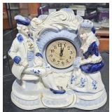 White & Blue Ceramic Clock w/ Couple 8 1/2" Tall
