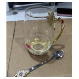 Glass TeaCup Enamel Jeweled Flower/ W Spoon