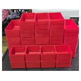 Red plastic industrial stackable storage bins