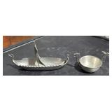 2 Metal Norway Boats & Spoon   Salt & Pepper?