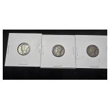 3 Silver Mercury Dimes- 1945P. 1924P, 1942S