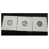 3 Silver Mercury Dimes- 1942D. 1939P, 1943D